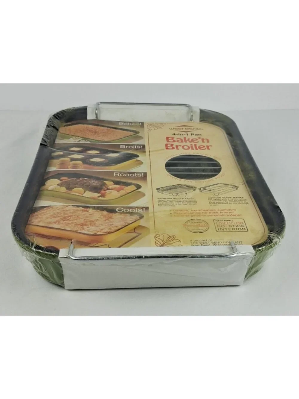 West Bend 4-In-1 Bake'n Broiler Pan Chrome-Plated Rack Durable Aluminum & Porcel
